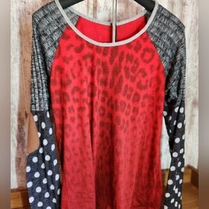 Red Leopard Print Top with Polka Dot Sleeves